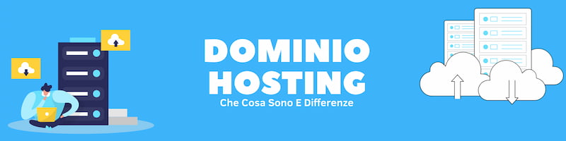 Rettangolo celeste con scritta bianca centro "Dominio Hosting" con disegni ai lati