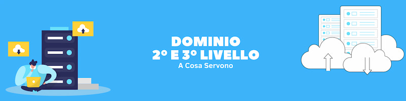 Rettangolo celeste scritta bianca centro "Dominio 2° e 3° Livello" con disegni ai lati