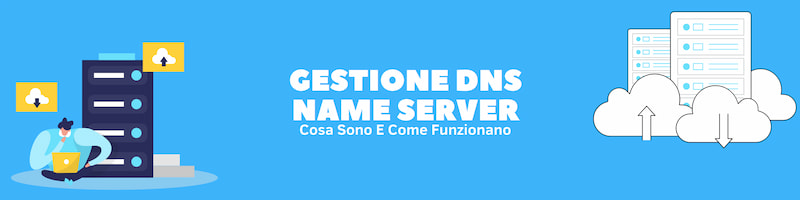 Rettangolo celeste con scritta bianca al centro "Gestione DNS Name Server" e disegni ai lati