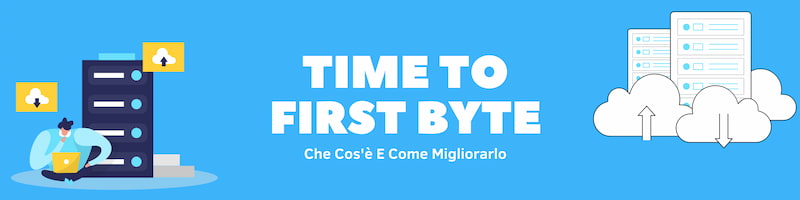 Rettangolo celeste con scritta bianca "Time To First Byte" al centro con disegni ai lati