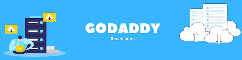 Rettangolo celeste con scritta bianca centro "GoDaddy" con disegni ai lati