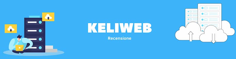 Rettangolo celeste con scritta bianca centro "Keliweb" con disegni ai lati