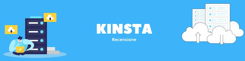 Rettangolo celeste con scritta bianca centro "Kinsta" con disegni ai lati