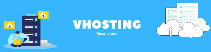 Rettangolo celeste con scritta bianca centro "VHosting" con disegni ai lati